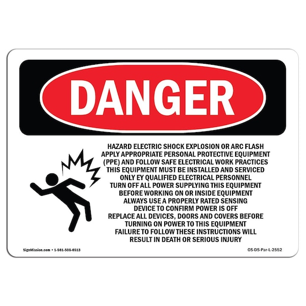 Safety Sign, OSHA Danger, 18" Height, 24" Width, Hazard Electric Shock Explosion, Landscape